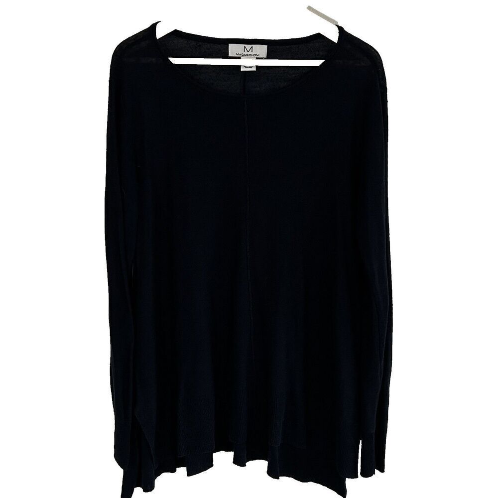 M Magaschoni Linen Sweater Size Large Dark Navy Blue Knit Tunic Top Relaxed